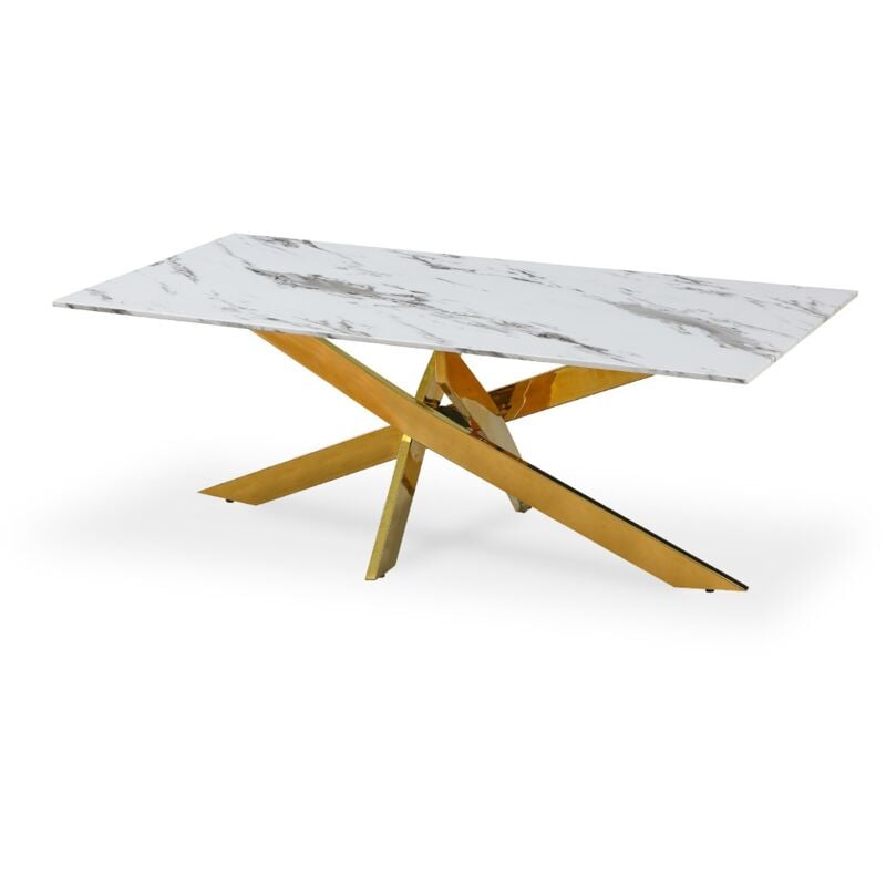 Intensedeco - Table basse rectangulaire en verre effet marbre et pieds doré Jodie