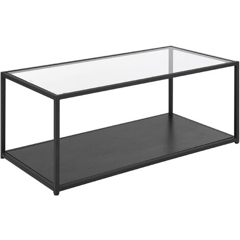 Table Basse Rectangulaire en Verre et Métal Noir avec Plateau de Rangement en Imitation Bois Noir Design Minimaliste pour Salon Moderne Beliani - Noir
