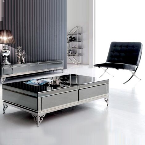 Table basse rectangulaire en verre fumé noir – Pieds en métal chromé avec arabesques – 2 tiroirs intégrés avec miroirs – 120 x 65 x 40 cm – Meubler Design