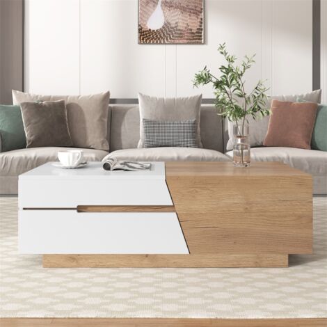 Table Basse rectangulaire escamotable 120 cm, avec tiroirs, structure color block, design color block bois, 120x50x37.5 cm, adaptée aux salons, salles de réception, balcons et bureaux - Blanc