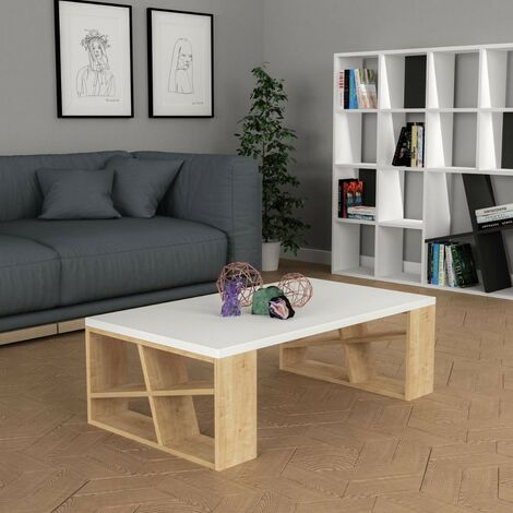 Table basse rectangulaire Honey avec plateau blanc et pieds en chêne L 105 x P 60 x H 40 cm