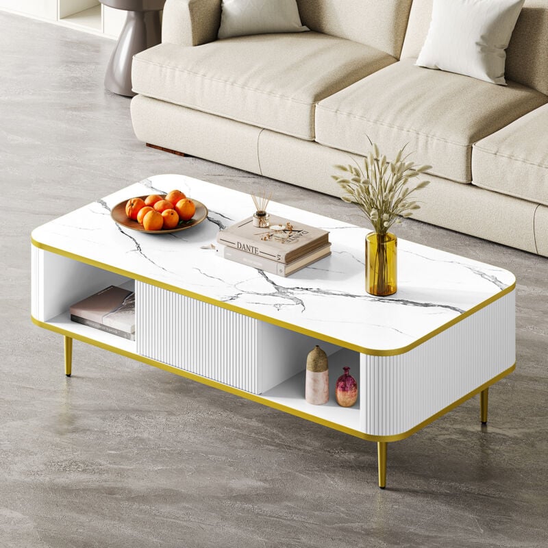 Neche - Table basse rectangulaire moderne avec tiroir,Montage facile,Table d'appoint avec plateau en marbre,Pieds dorés,100 x 50 x 39 cm,Blanc