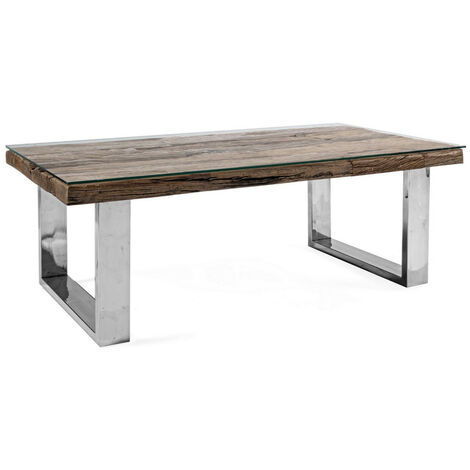 Table basse rectangulaire plateau bois massif recyclé et verre trempé sur pieds acier chromé Stany 100 cm 110 cm