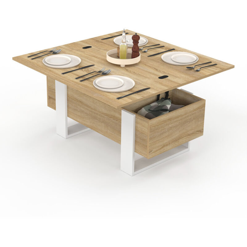 Idmarket – Table basse relevable 97,5 cm – Convertible en table à manger – Double plateau relevable – Rangement intégré – Bois et blanc