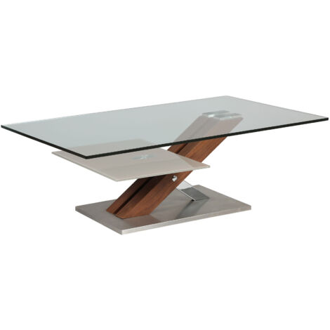 Table basse rectangulaire socle en acier et 2 plateaux en verre trempé