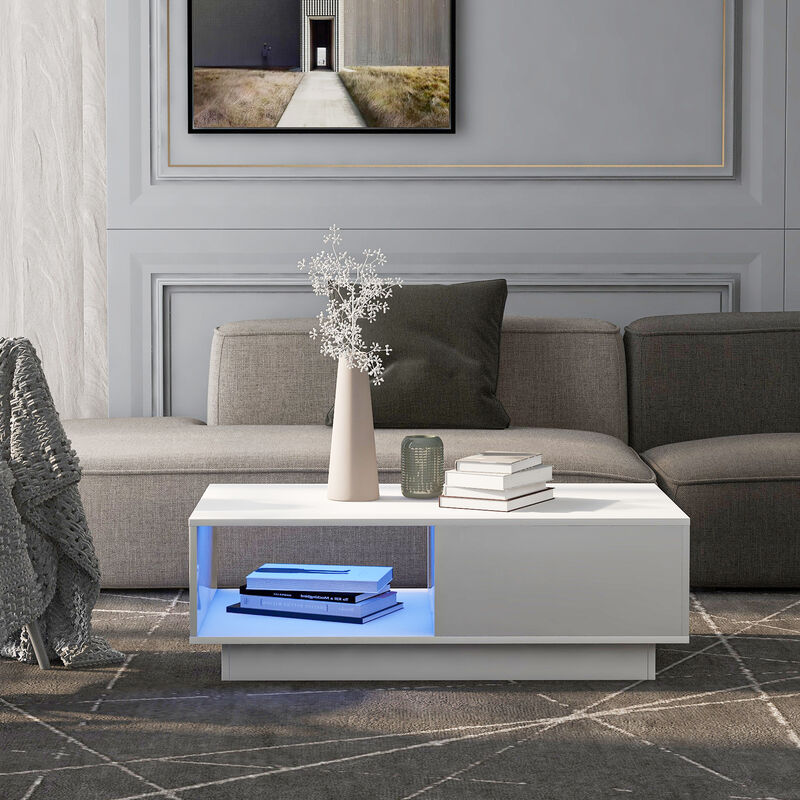 Table Basse Rectangulaire Table de Salon avec éclairage LED, étagère et Tiroir Style Moderne pour Maison, Bureau Blanc