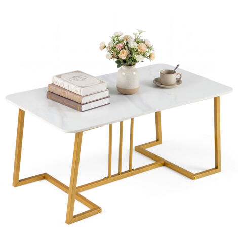 Table Basse Rectangulaire, Table de Salon avec Plateau en Faux Marbre Artificiel, Pieds Métalliques Solides, Meuble d’Appoint, 90 x 50 x 41,5 cm