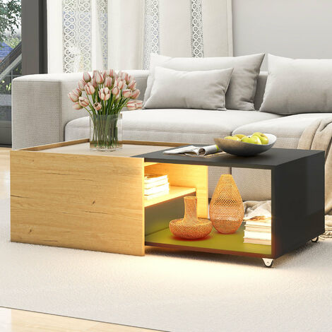 Table basse rectangulaire, table salon avec rangements, avec LED, plateau extensible, bois en panneaux de particules, style industriel, chêne + noir