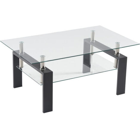 Table Basse Rectangulaire Verre Trempé Double Niveau Pieds Fer Noir 100x60x43cm