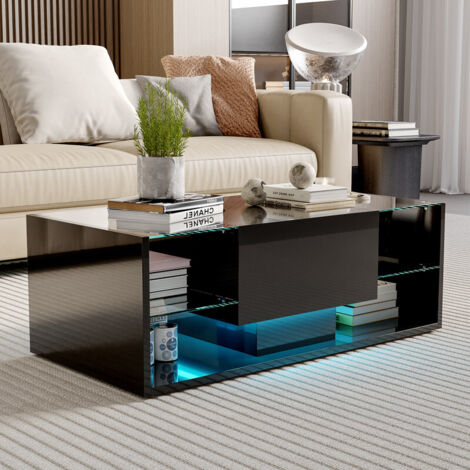 Table basse rectangulaire,Tables Basses à LED pour Salon,table d'appoint noire avec étagère ouverte et tiroir, 100 x 50 x 35 cm