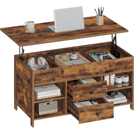Table Basse,  Réglable , 2 Tiroirs et Espace de Rangement Caché