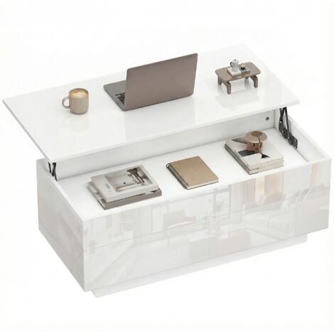 Table basse réglable en hauteur, table de salon moderne avec rangement dissimulé et 2 tiroirs, blanc brillant
