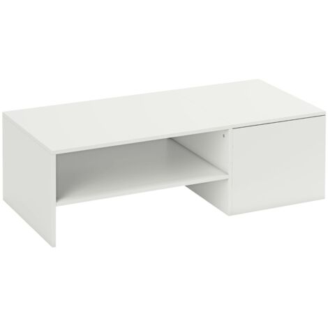 Table basse réglable, rails métal, panneau particules, patins, blanc
