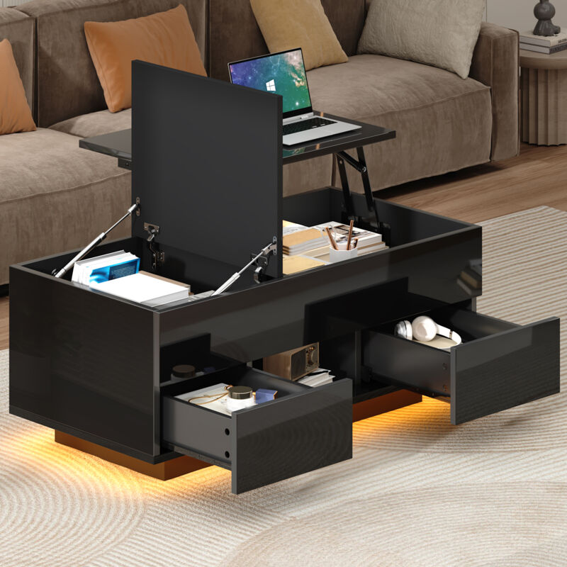 Table basse relevable 100 x 45 x 43 cm avec 2 tiroirs et rangement caché, finition noir brillant, LED, table de salon multifonction