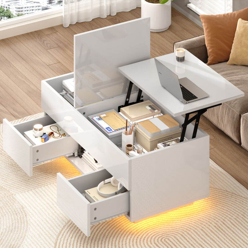 Table basse relevable 100 x 45 x 43 cm avec 2 tiroirs et rangement caché, finition blanc brillant, LED, table de salon multifonction