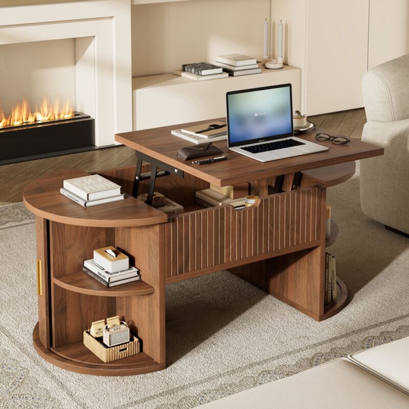 Table basse relevable 100x50x40 cm avec rangement, table basse salon avec étagères ouvertes et portes coulissantes, plateau réglable en hauteur