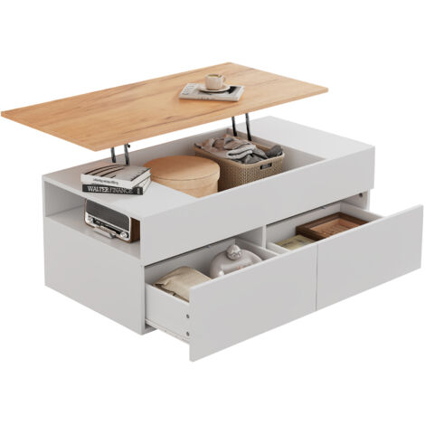 Table basse relevable 100x50x40 cm, avec tiroirs, espace de rangement semi-ouvert,Blanc