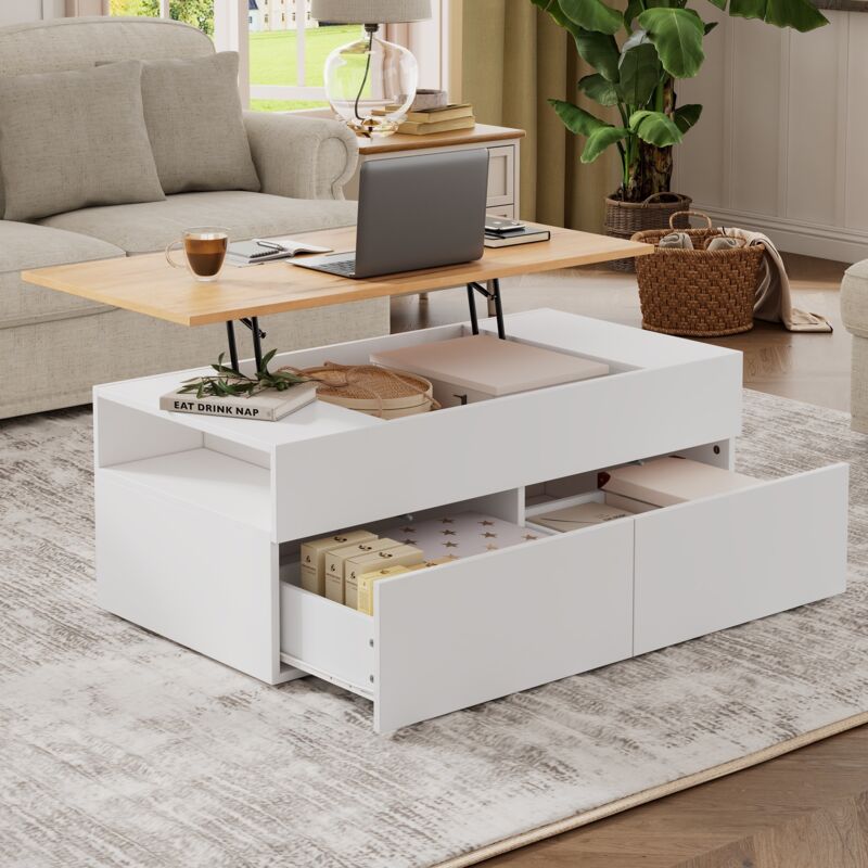 Table basse relevable 100x50x40 cm - Table canapé avec hauteur réglable, espace de rangement caché, 2 tiroirs et espace de rangement semi-ouvert