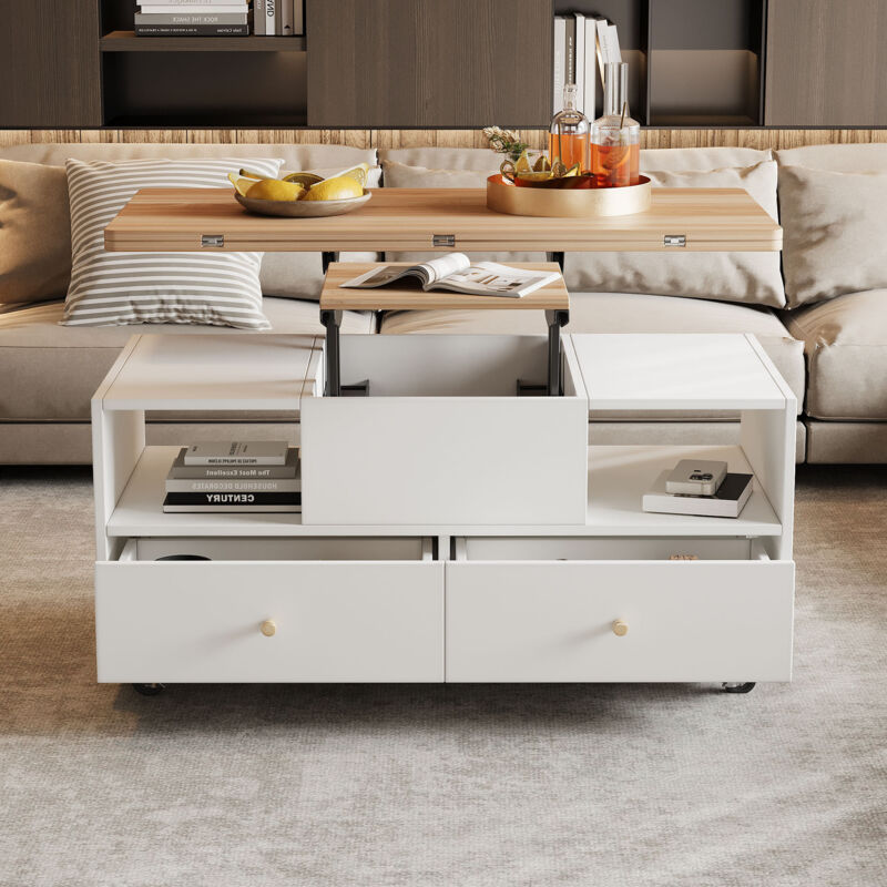 Table basse relevable 100x50x62 cm avec roulettes, 4 tiroirs, en MDF, noyer naturel et blanc