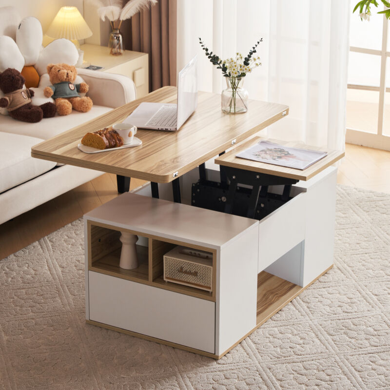 Table basse relevable 100x51 cm, double plateau modulable, 2 tiroirs, panneau de particules, blanc/bois naturel
