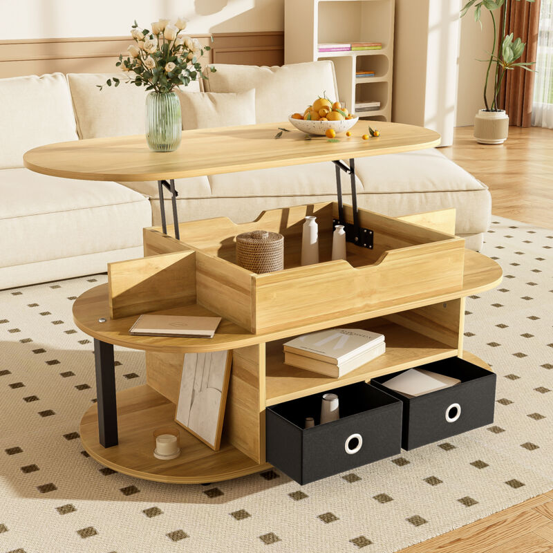Modfu – Table basse relevable 105x50x60cm – 2 tiroirs en tissu noir – Espace de rangement pratique – Aggloméré naturel pour salon/balcon