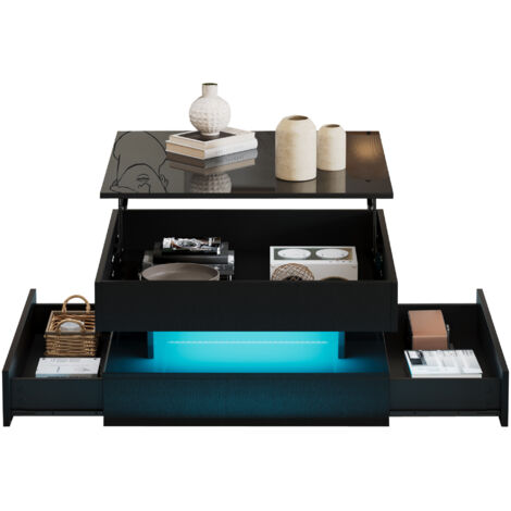 Table basse relevable 65 x 65 x 38.5 cm, Avec bande lumineuse LED, tiroir, rangement, Noir