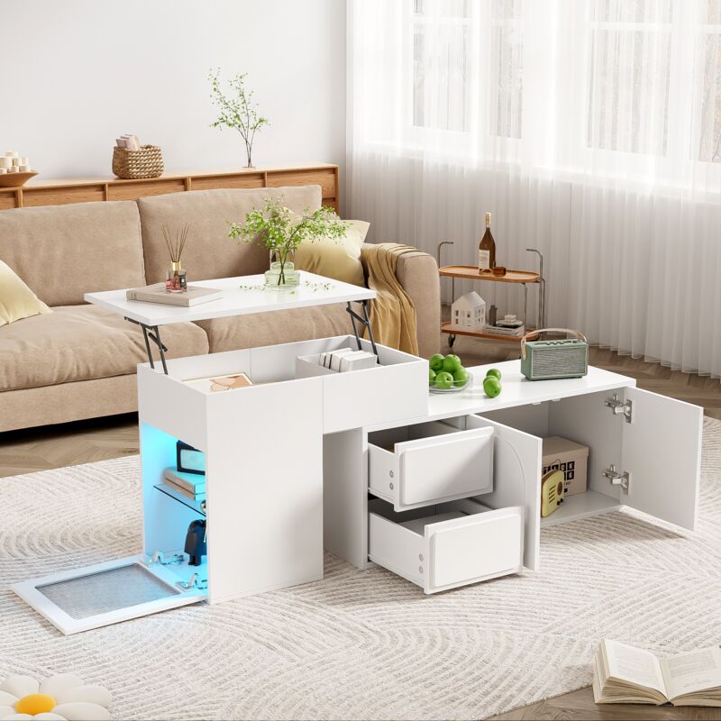 Table basse relevable 90x50x40+60x40.5x54cm - table multifonctionne LED, designe unique, grand espace de rangement - blanc