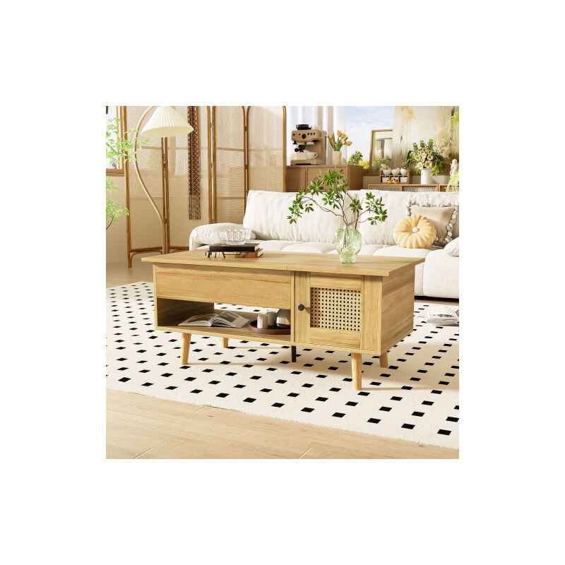 Table basse relevable avec 2 portes en rotin, poignées noires, rangement ouvert