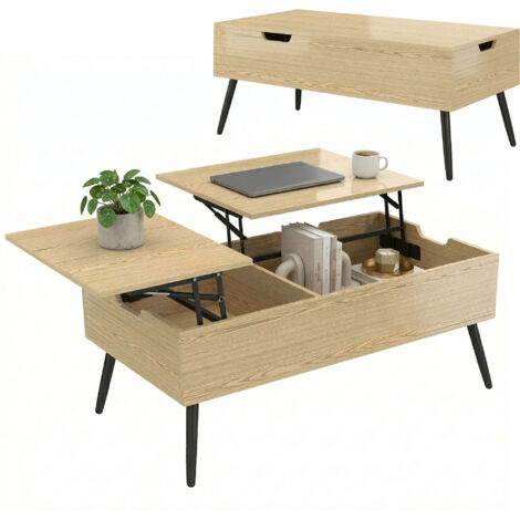 Table basse relevable avec double plateau, table de salon avec compartiment caché et pieds en métal, bois naturel