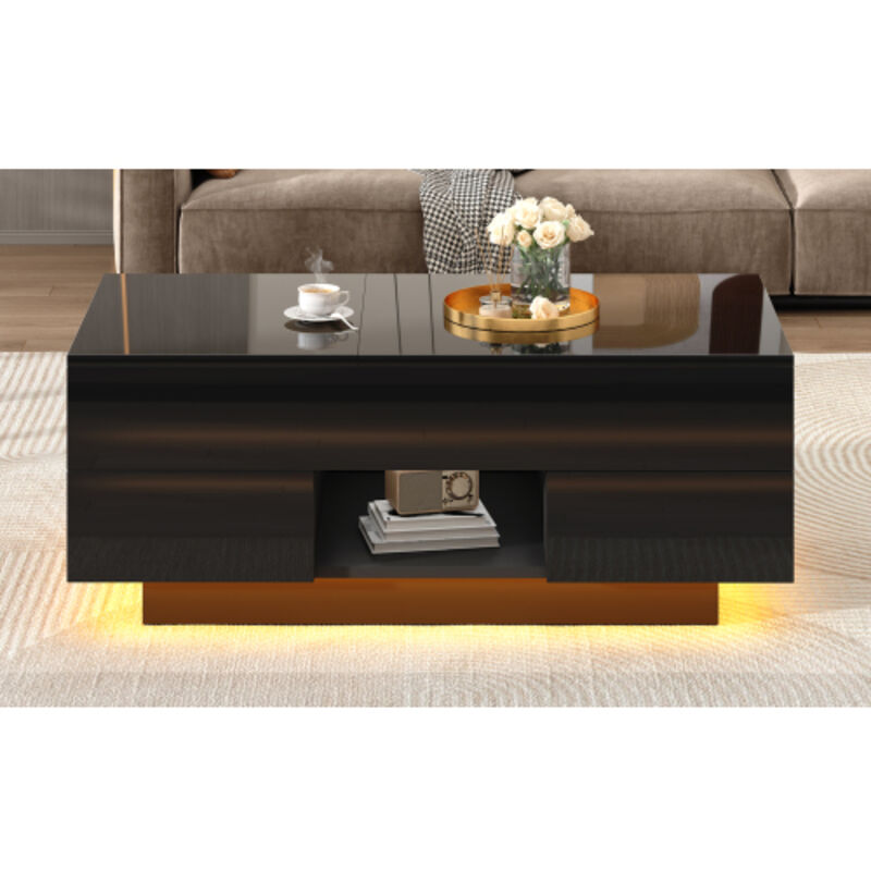 Table basse relevable et réglable en hauteur avec led et 2 tiroirs, noir, 100x45x43 cm