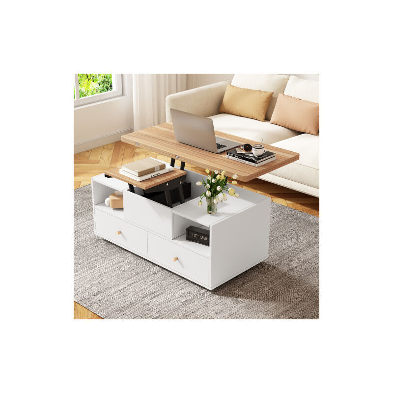 Okwish - Table basse relevable blanc avec 4 tiroirs, table de salon mobile avec roulettes universelles, 100x50x47,5 cm