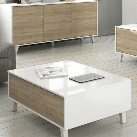 Table basse relevable Blanc brillant/Chêne clair - STOCKTON - L 100 x l 68 x H 41 cm - Blanc