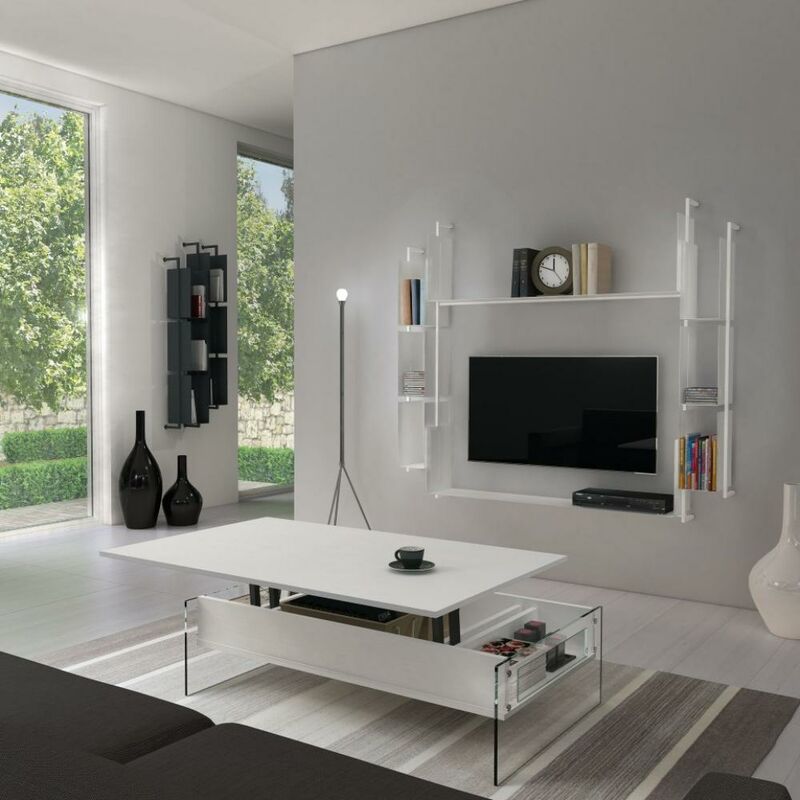 Pezzani - Table basse relevable Blanc Mat BELLA 110x70cm piétement en verre - gris