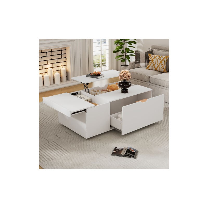 Table basse relevable blanche avec tiroirs et portes coulissantes, panneau de particules