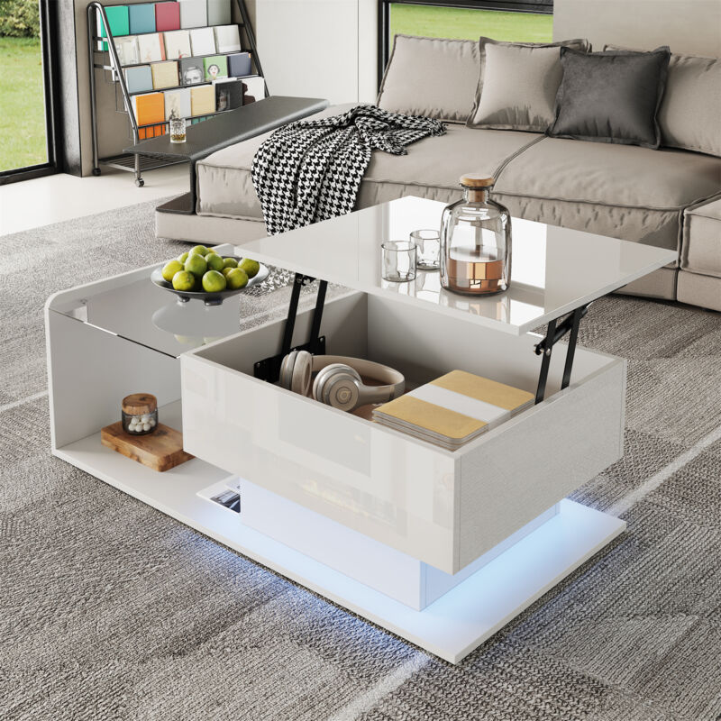 Tanant - Table basse relevable, carrée, table d'appoint en verre avec éclairage led, finition brillante, design moderne, 100 x 50 x 33-45 cm, Blanc