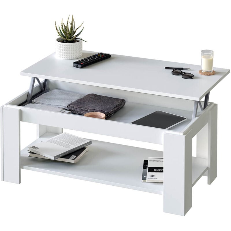 Table Basse relevable coloris blanc artic - Longueur1 02 cm x Hauteur 43-54 cm x Profondeur 50 cm