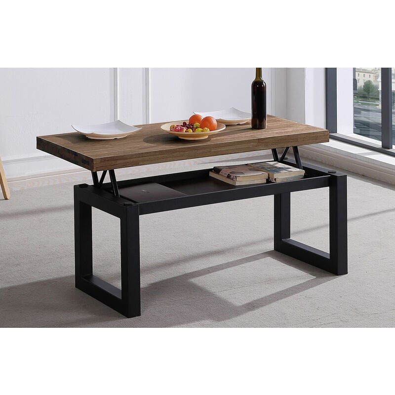 Pegane - Table basse relevable en bois de chêne foncé avec pieds en métal noir - Longueur 120 x Hauteur 47.5 - 62.5 x Profondeur 60 cm