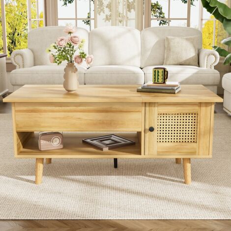 Table basse relevable couleur bois/noir avec portes en rotin - plateau ajustable et rangement intégré, design élégant pour salon