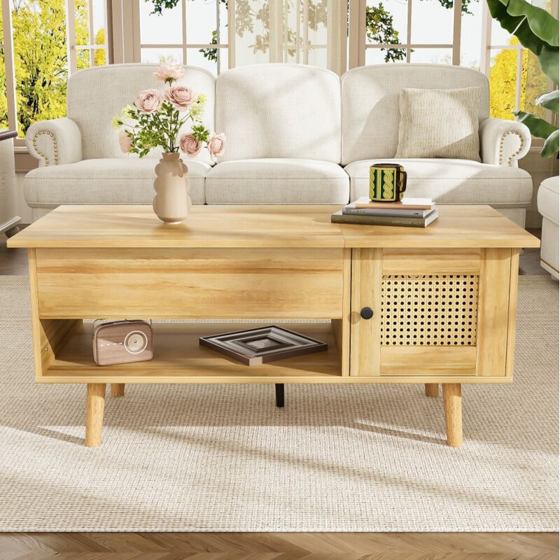 Table basse relevable couleur bois/noir avec portes en rotin - plateau ajustable et rangement intégré, design élégant pour salon