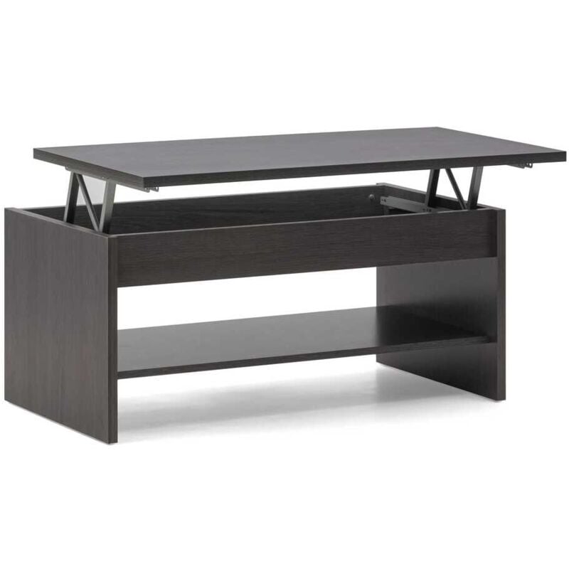 Table basse relevable. Dimensions : 100 cm de longuer x 50 cm de profondeur x 44 cm de hauteur pliée, relevable jusqu'à 57 cm. Finition couleur