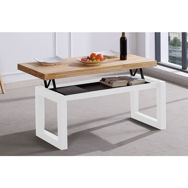 Table basse relevable en bois coloris chêne nordique / pieds blanc -Longueur 120 x profondeur 60 x hauteur 47 cm Pegane