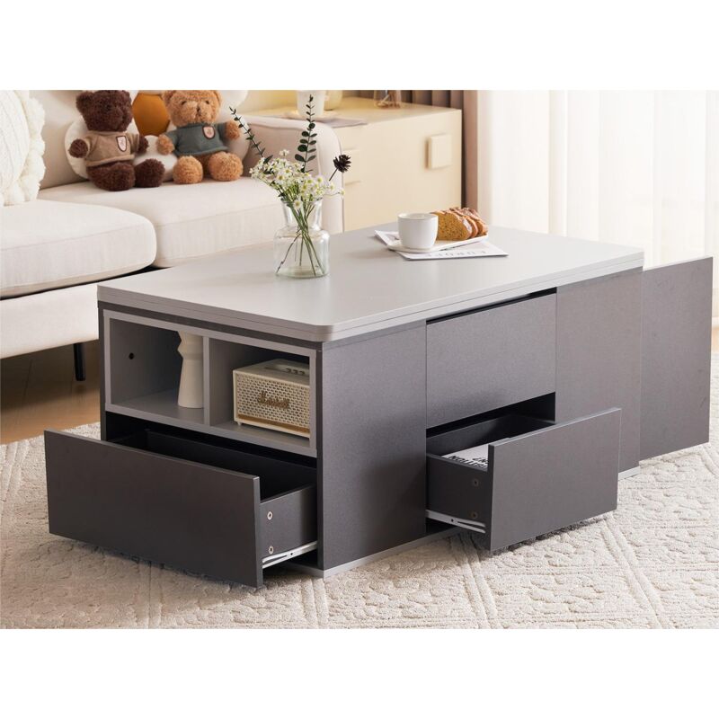 Modernluxe - Table basse multifonctionnelle relevable - 2 panneaux 3 tiroirs 2 compartiments - Blanc & Gris