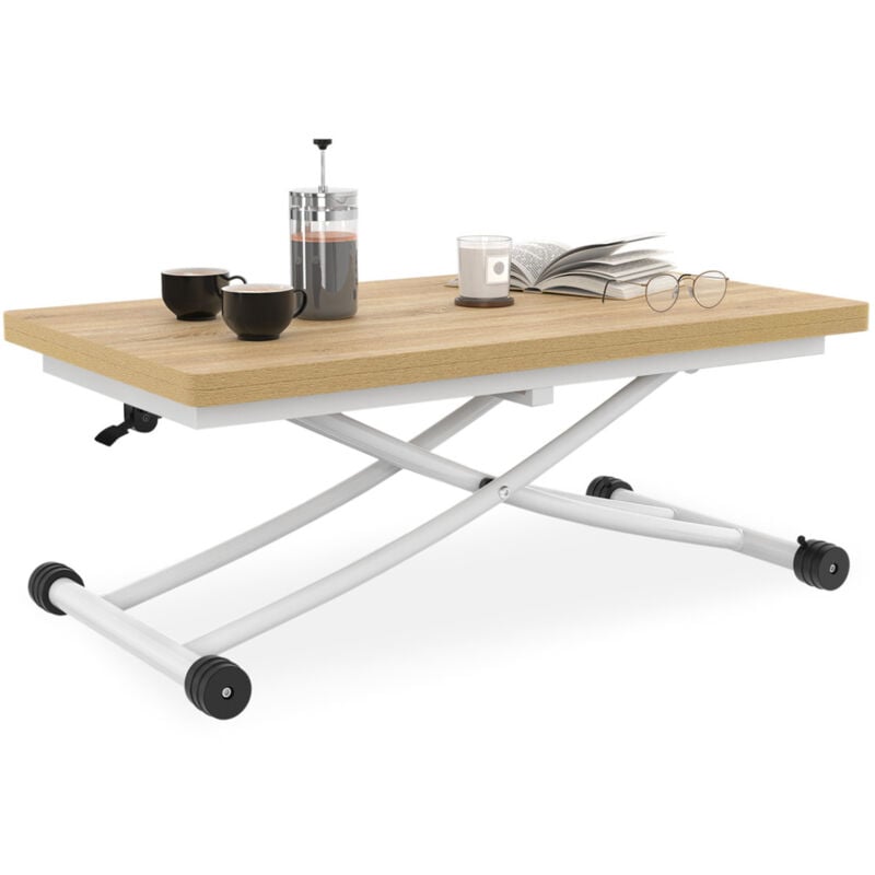 Idmarket - Table basse extensible relevable en table à manger rectangulaire urbana plateau façon hêtre pied blanc