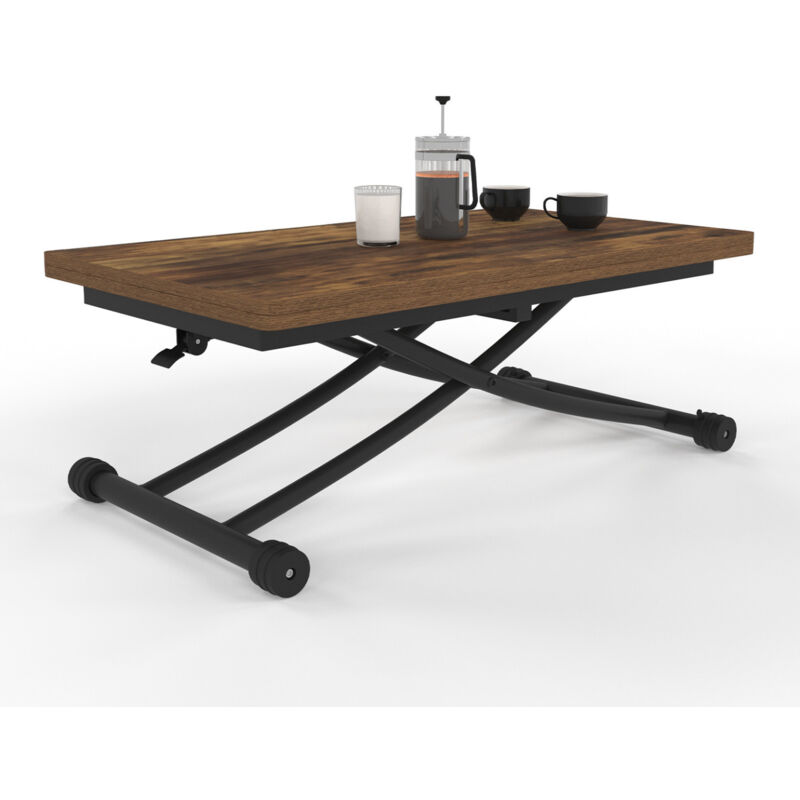 Table basse extensible relevable en table à manger URBANA plateau bois foncé effet vieilli pied noir design industriel