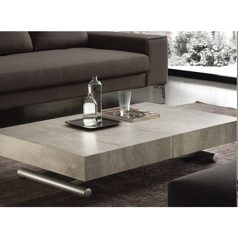 Les Tendances – Table basse relevable extensible 120-220 cm – Finition ciment aspect vieilli – Hauteur ajustable 25-75 cm – Piétement avec roulettes