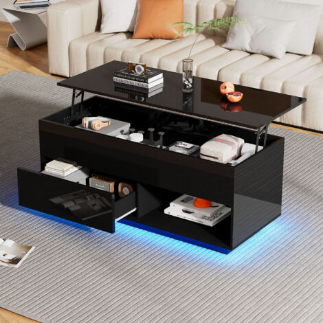 Table basse relevable haute brillance, avec 1 tiroir, éclairage LED, 100x50x55 cm, multiples rangements, noir