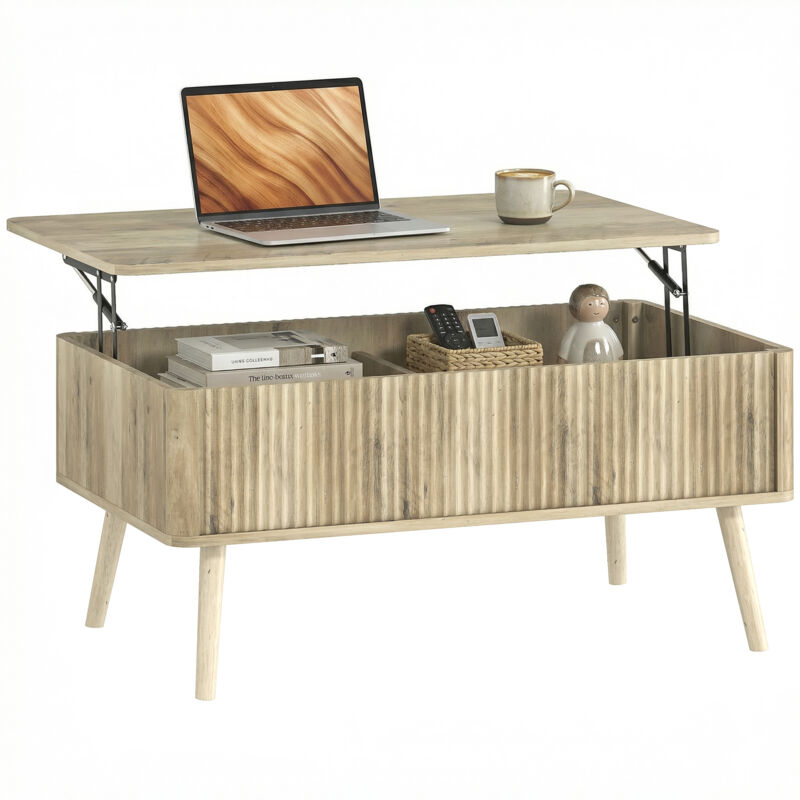 Homcom – Table basse relevable avec compartiments cachés – Plateau relevable 43-57,5 cm – MDF et pieds en pin – Dimensions 91 x 56 x 43 cm – Finition