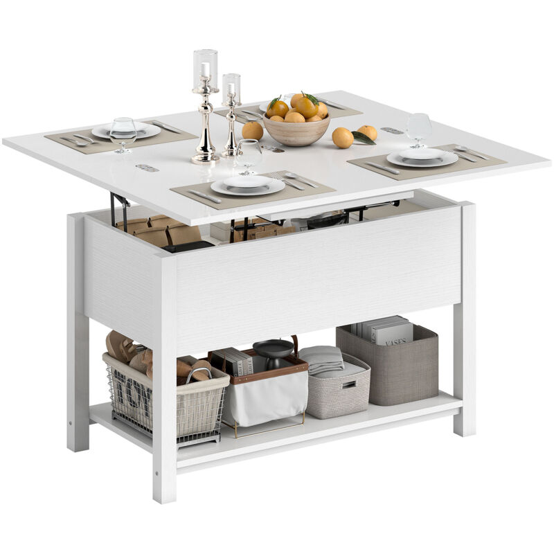 Table basse relevable - HOMCOM - plateau pliant, compartiment et étagères - panneau de particule - 100x45x50,5cm - blanc