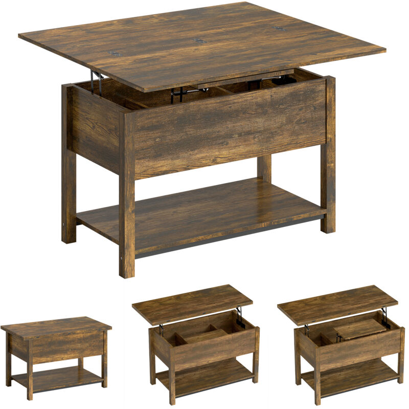 Table basse relevable - HOMCOM - plateau pliant, compartiment et étagères - panneau de particule - 100x45x50,5cm - brun rustique