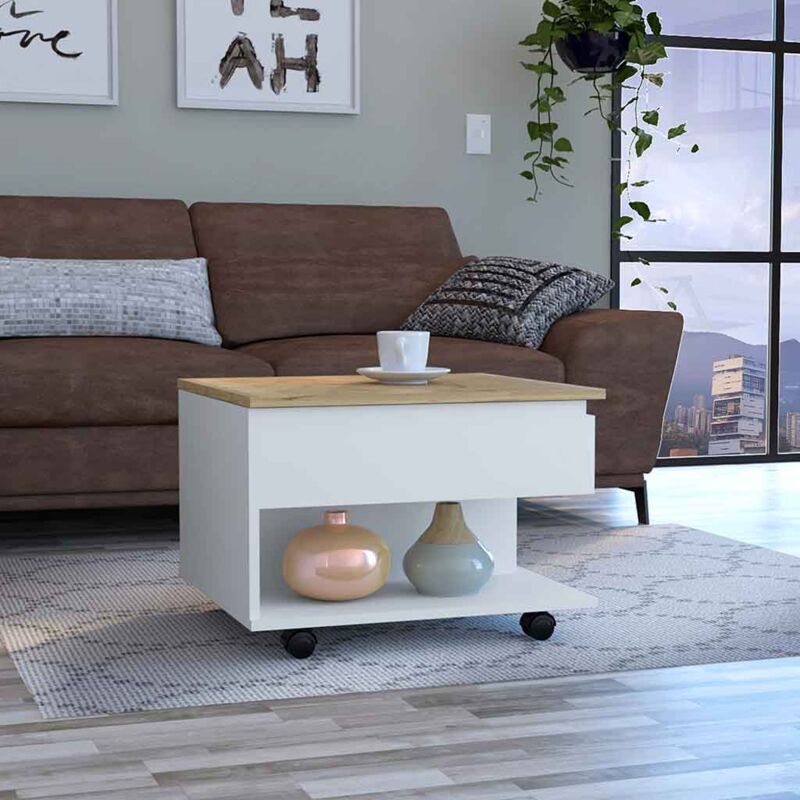 Tuhome Concept - Table basse relevable Luanda en mélamine avec 2 étagères et 4 roulettes, multicolore, 29.7 cm x 80 cm x 54.5 cm
